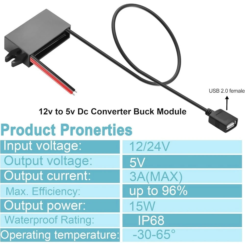 DC To DC 12V Step-Down To 5V 3A 15W Buck Power Converter USB Waterproof Buck Module Power Adapter For Car Lighting Equipment Oasis Select