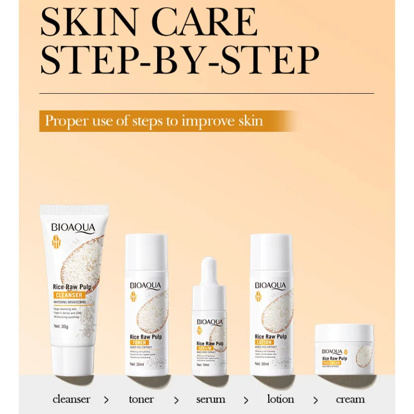 5pcs BIOAOUA Rice Raw Whitening Set Brighten Hydrating Moisturize Soothing Facial Cleanser+toner+essence+lotion+cream Skincare Oasis Select