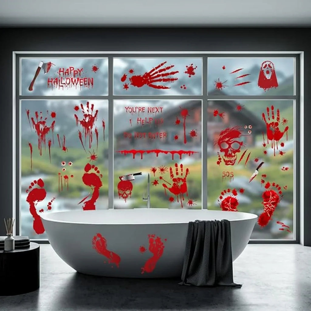 Halloween Wall Doors Windows Stickers Blood Handprint Footprint Skull Pattern Halloween Party Scene Decor Supplies Horror Props Oasis Select