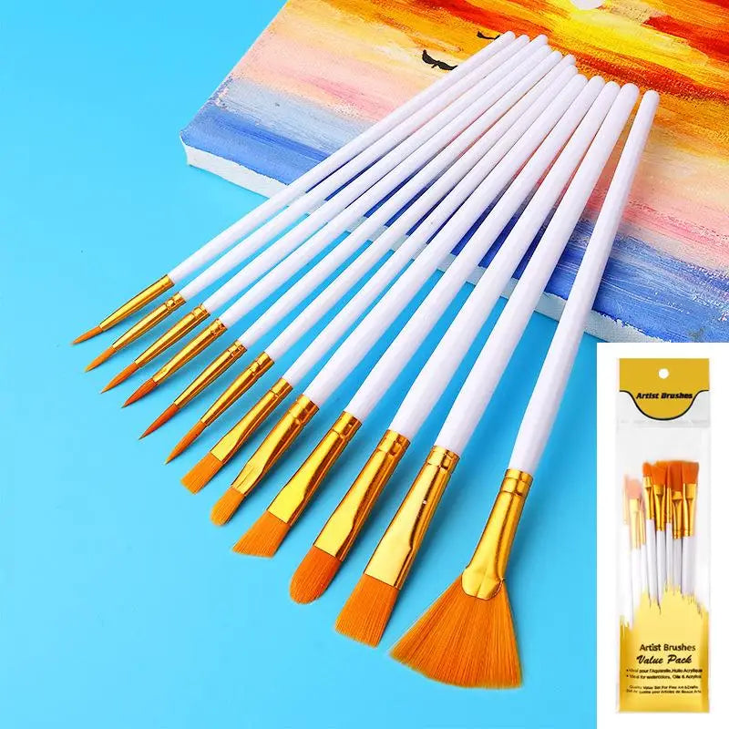 12-Piece Flat Nylon Paint Brush Set – Watercolor, Oil & Acrylic