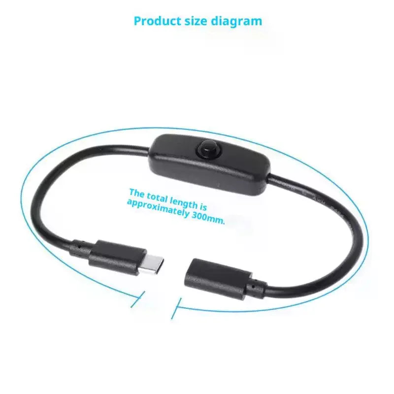 USB-C Extension Cable 4A with On/Off Switch – 30cm Power Cord