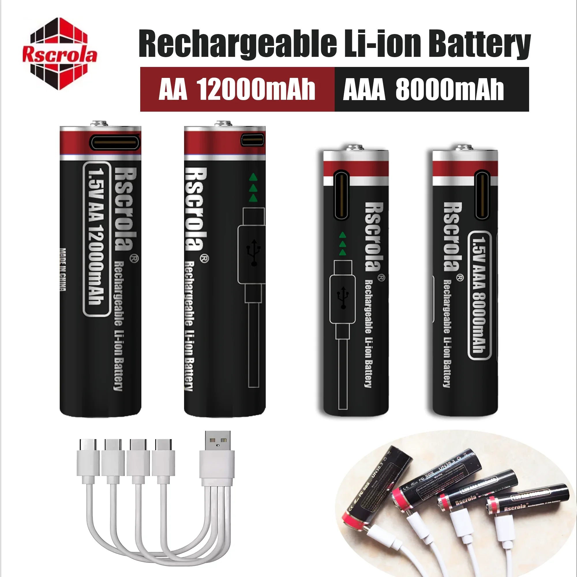 1.5V Rechargeable Li-ion Battery AA 12000mAh/AAA 8000mAh Type-C Fast Charge High Capacity， Cameras/Mouse/Xbox Controllers/Toys Oasis Select