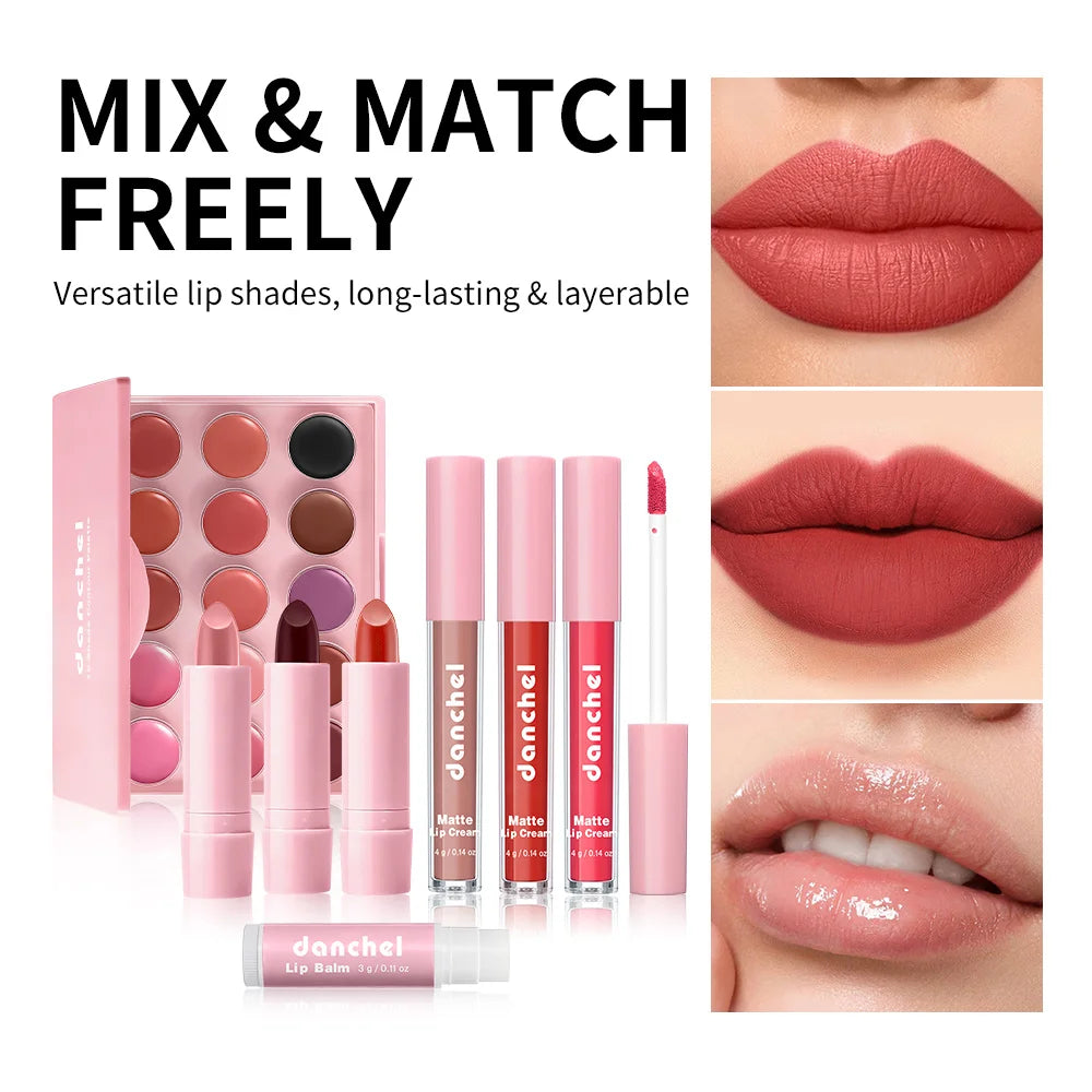 Versatile Lip Makeup Kit 15-Color Lip Palette + Matte Lipsticks + Moisturizing Lip Balm Long Lasting Lip Tint Set for Women Gift Oasis Select SET