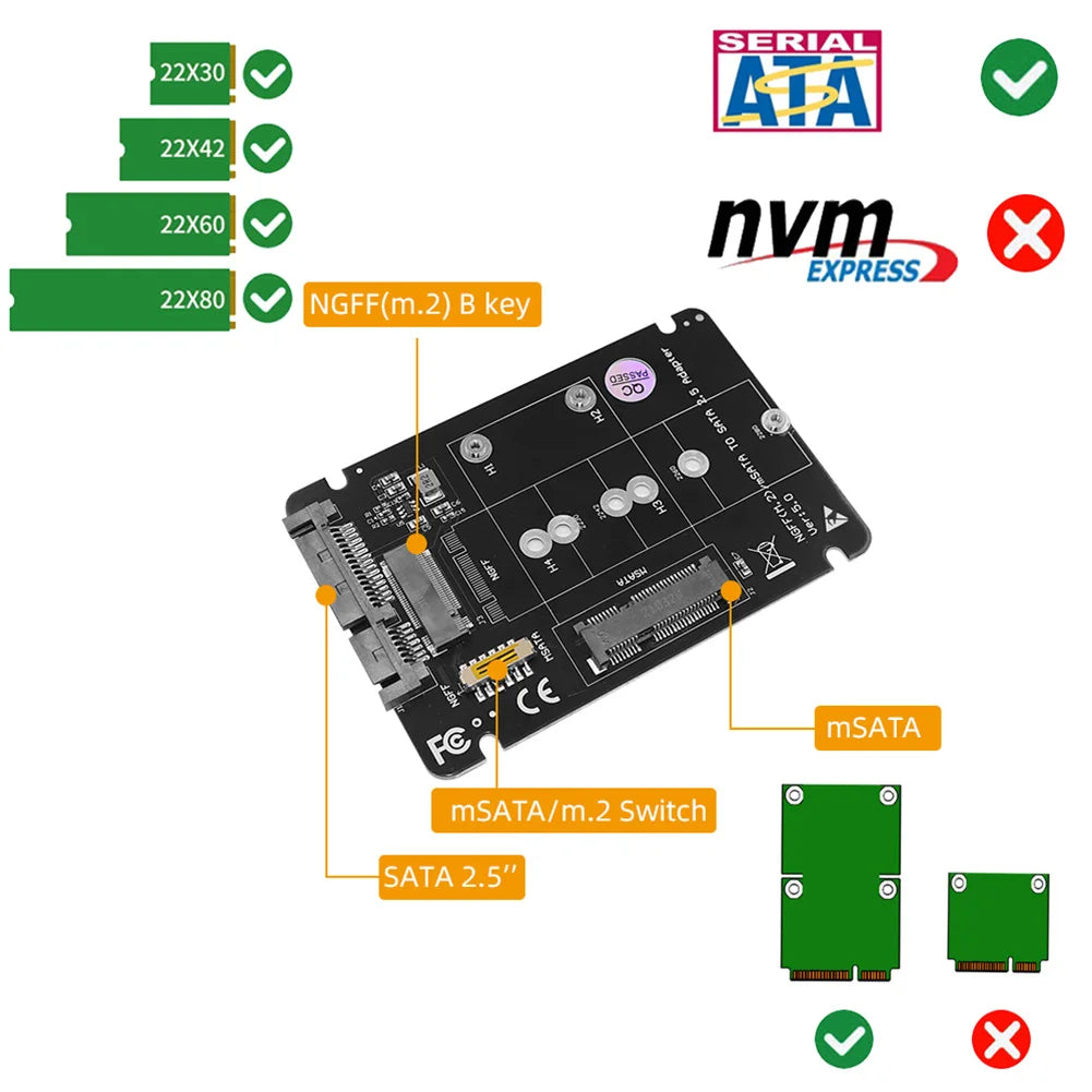 2-in-1 M.2 NGFF & mSATA to SATA3 SSD Adapter Board