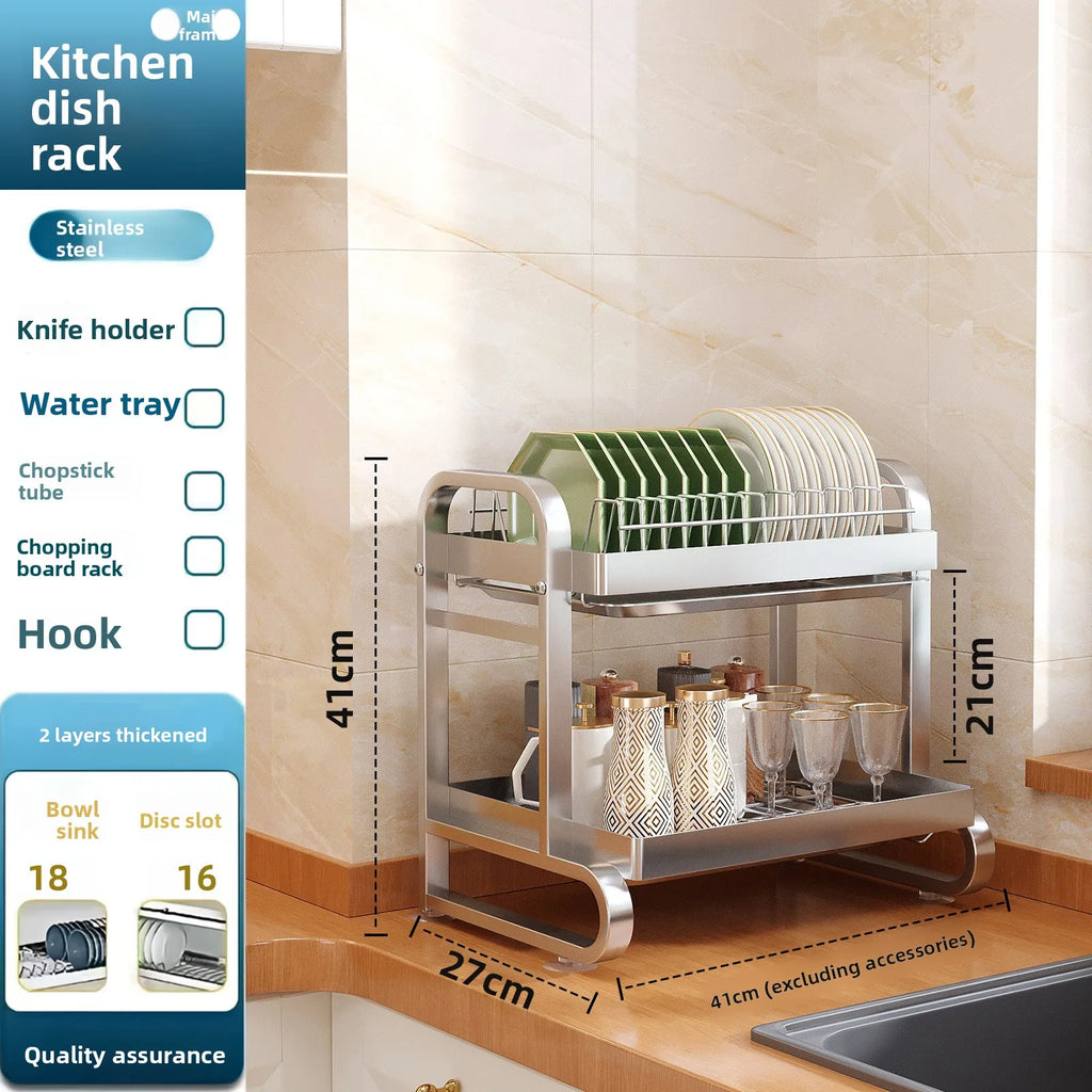 Stainless steel dish storage rack Drain rack Multi-layer kitchen rack Thickened square tube Multifunctional bowl and chopstick Oasis Select Second floor