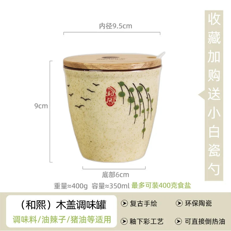Ceramic Retro Seasoning Pot Hand-painted Salt Pot Oil Tank Pepper Pot for Kitchen Oasis Select porcelain spoon 1