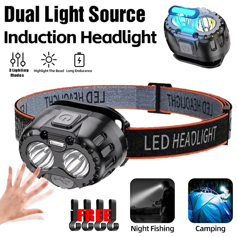 Dual Light Source LED Induction Headlight Emergency Head Flashlight 250LM XPE Headlamp 500mAh for Outdoor Fishing Camping Hiking Oasis Select