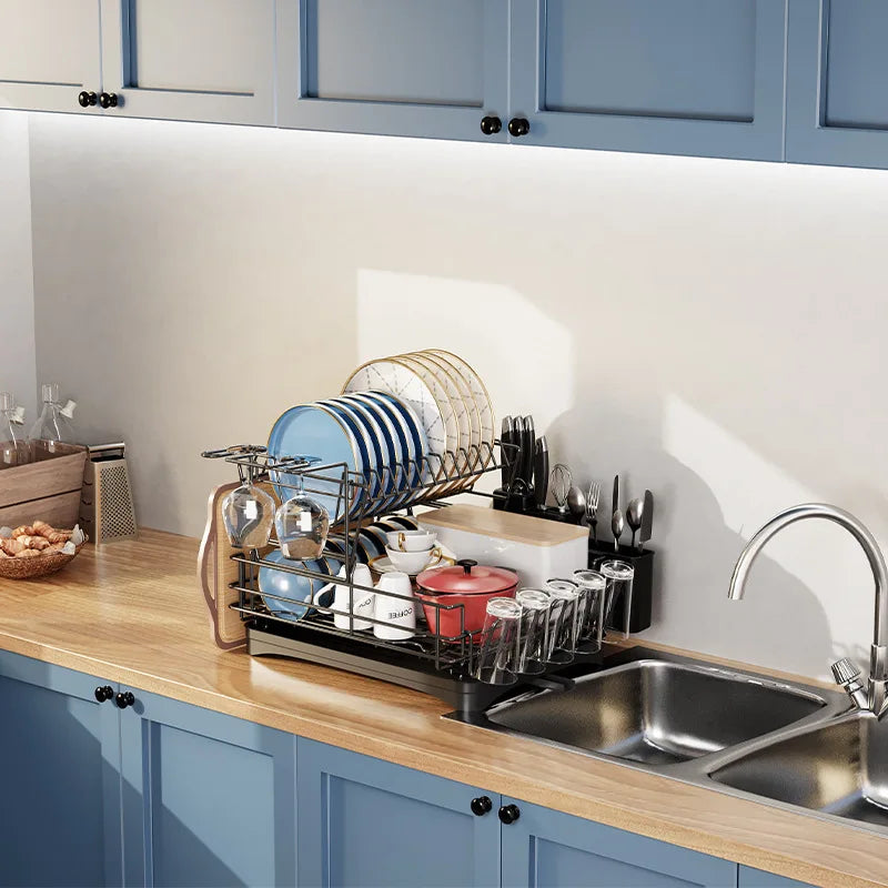Dish drain rack Double-layer multifunctional bowl and chopstick storage rack Household kitchen water cup rack Oasis Select