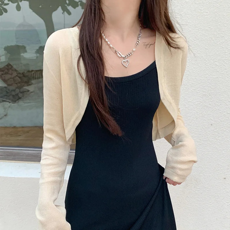 Women's Ice Silk Knit Cardigan – Open Front Crop Shrug Cover Up