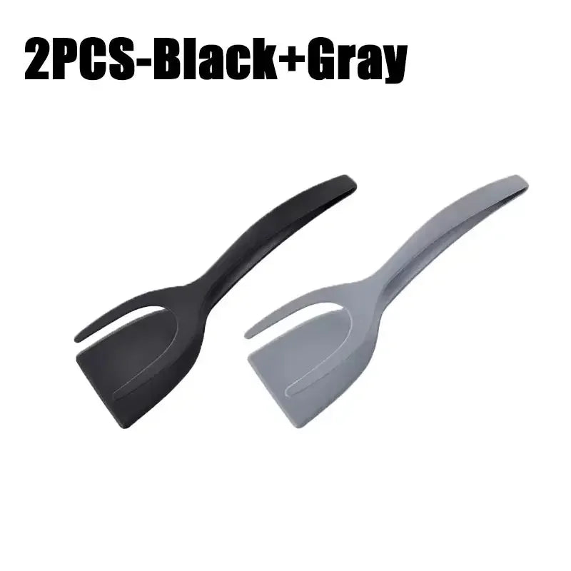 2 in 1 Shovel Clip Silicone Grip Flip Tongs Egg Steak Spatula Tongs Clamp Pancake Fried Turners Cooking Tool Kitchen Accessories Oasis Select 2PCS-Black-Gray