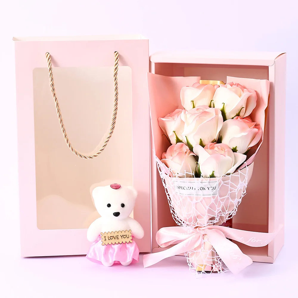 Romantic Fake Rose Bouquet in Gift Box with Cute Teddy Bear Premium Soap Flower Arrangement Perfect Gift for Valentine's Day Oasis Select F