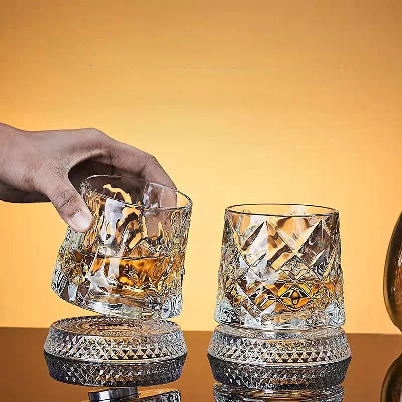 280ml Glass Cup with Base Crystal Rum Whiskey Rotating Glass Mug Diamond Cut Ice Flower Bubble Pattern Spinner Cup Business Gift Oasis Select