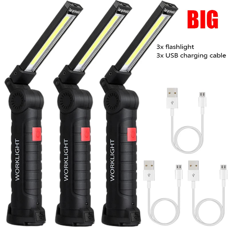 New Portable COB LED Flashlight USB Rechargeable Work Light Magnetic Lanterna Hanging Lamp with Built-in Battery Camping Torch Oasis Select Big 3pcs