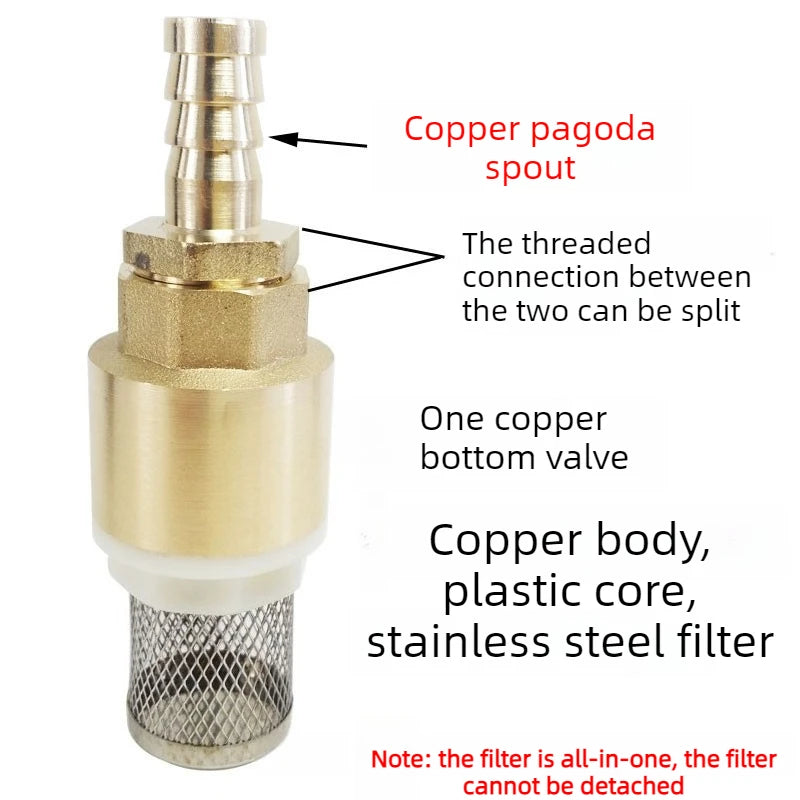 Copper Tower Bottom Valve with Filter Screen Check Valve, Self-priming Pump Inlet Anti Backflow Spring Insertion Pipe Filter Oasis Select