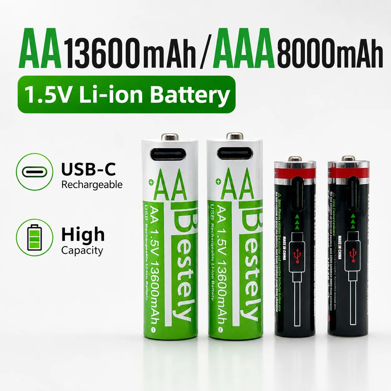 AA + AAA High capacity Rechargeable Lithium Batteries USB Fast Charging 1.5V Li-ion Long Lasting Battery for Toys Camera Mouse Oasis Select