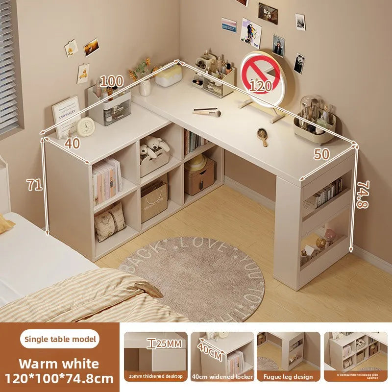 Computer desk corner bookshelf integrated desk girls bedroom L-shaped desk retractable end table Oasis Select 6-White 120CM