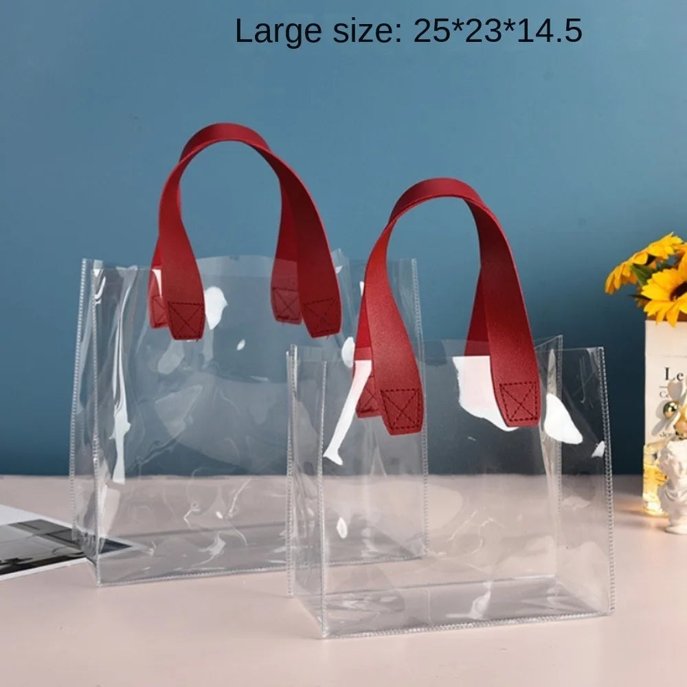 Large Capacity PVC Clear Tote Bag Transparent Handle Transparent Shopping Bags Waterproof Storage Bag Oasis Select -Large Red