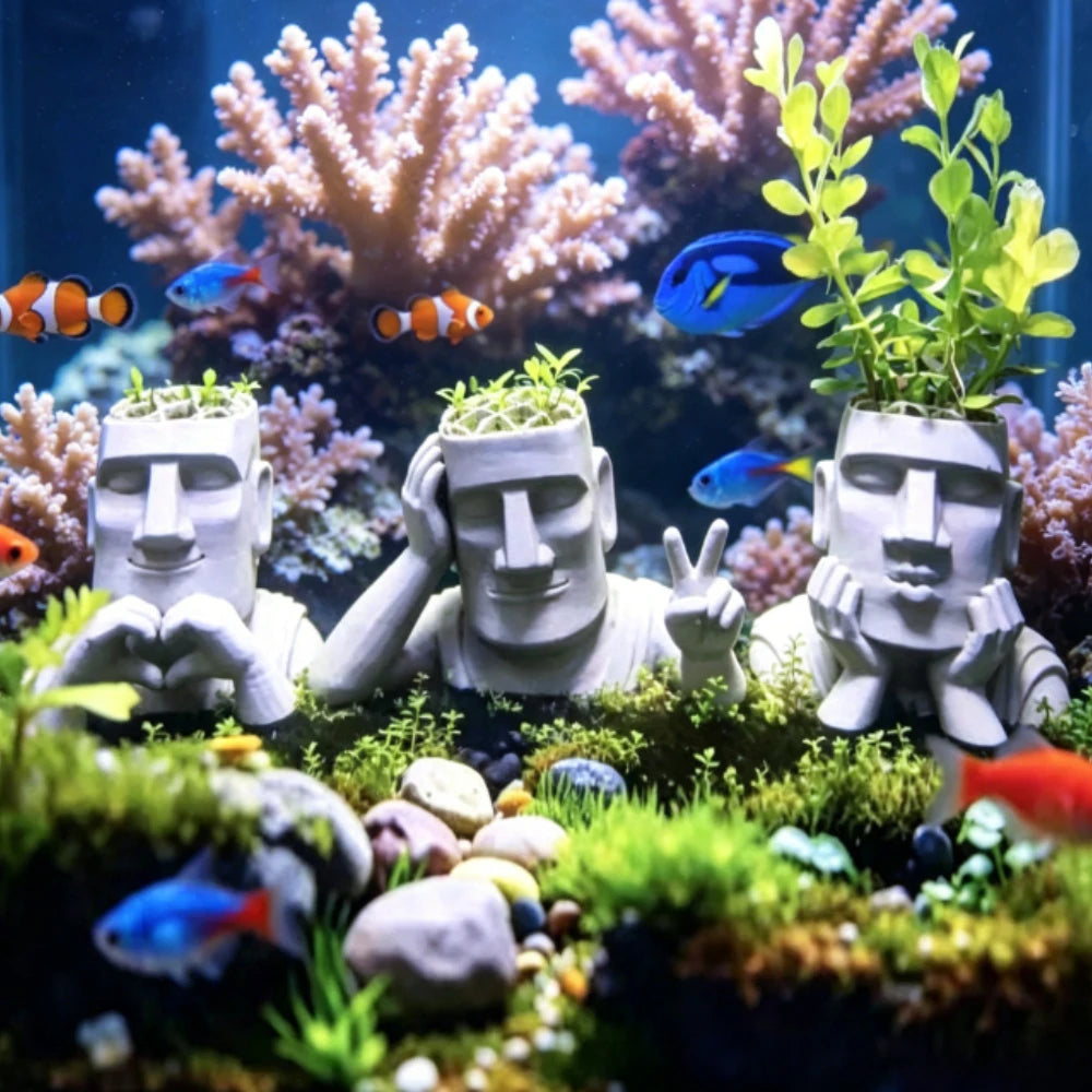 3pcs Mini Statue Aquarium Planter 3D Printed Aquatic Plant Holder Eco Aquarium Landscape Fish Tank Decor Fish Tank Ornament Gift Oasis Select