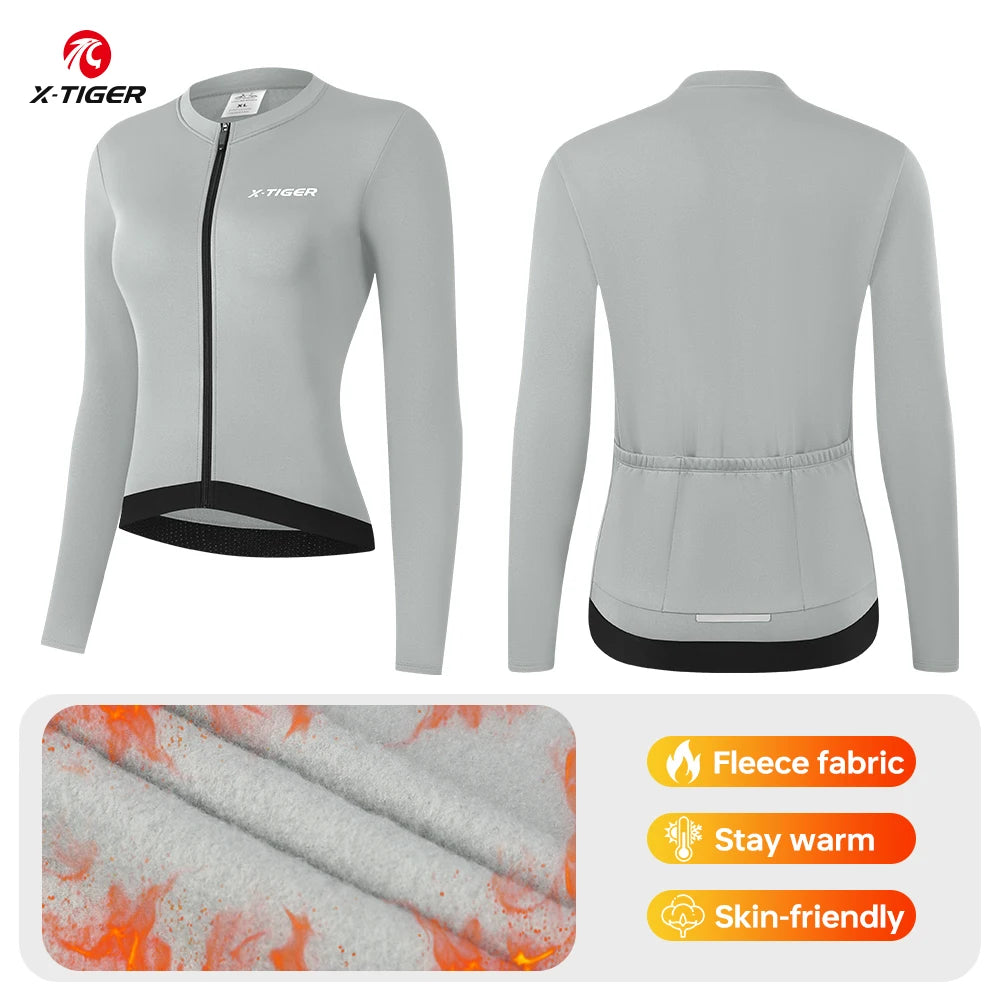 X-TIGER Winter Cycling Jersey Woman Warm Cycling Jacket Long Sleeve Jersey Full Zipper Female Mountain Road Bicycle Clothes Oasis Select Light Gray XL