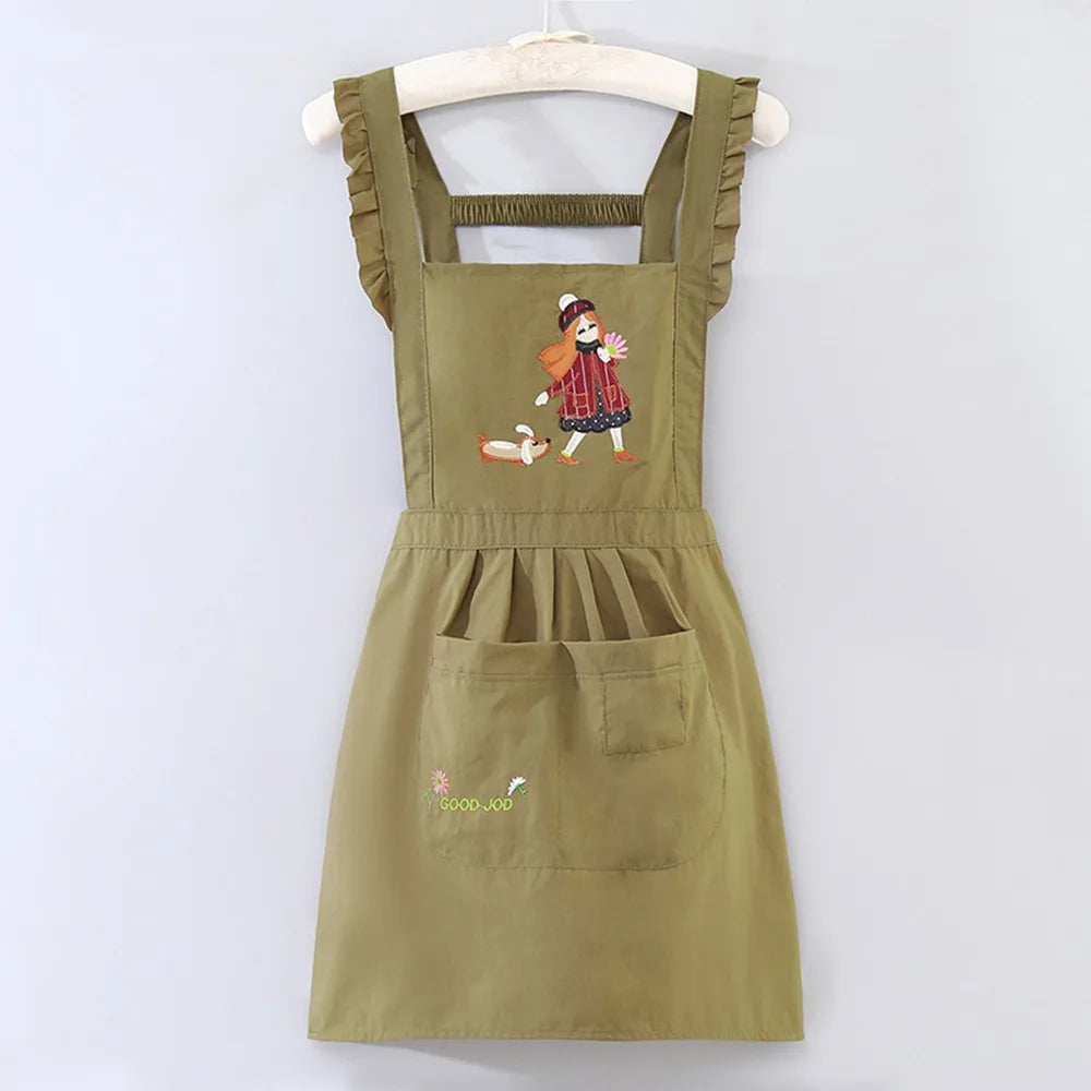 Cartoon Kitchen Apron Princess Style Waterproof Cooking Baking Bibs Cross Back Anti-fouling Florist Shop Work Clothes for Women Oasis Select Khaki