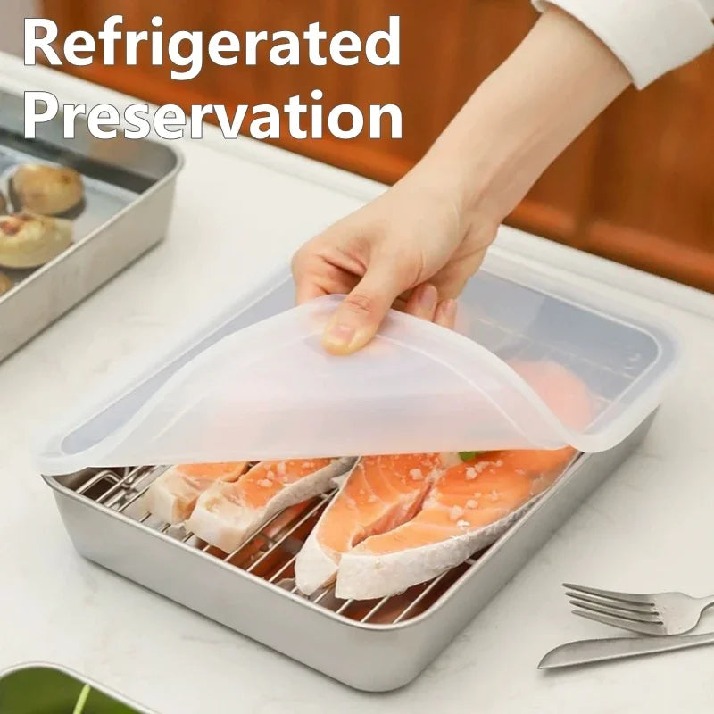 Food Storage Trays Rectangle Preservation Box with Plastic Cover Stainless Steel Multi-Function Rustproof Barbecue Food Storager Oasis Select