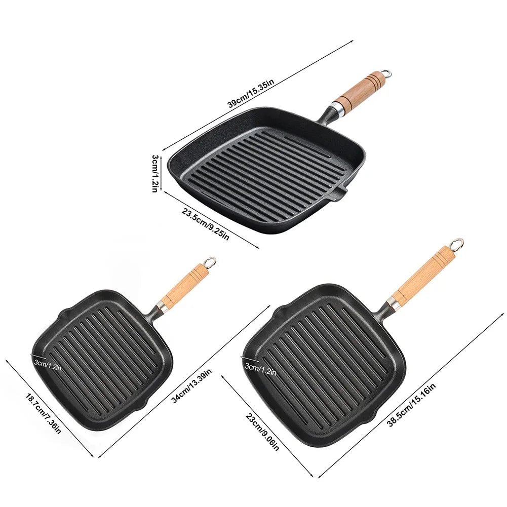 Cast Iron Grill Pan Non-Stick Square Skillet with Drip Spout with Wooden Handle for Indoor & Outdoor Grilling Oasis Select