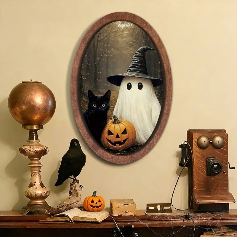 Halloween Ghost Wooden Photo Frame Painting Retro 3D Hanging Plaque Festival Decor Wall Sticker for Home Party Wall Decor Oasis Select