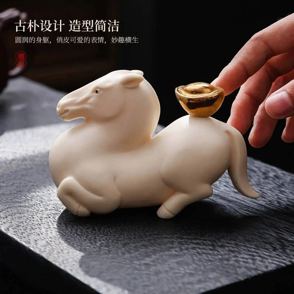 Jade Yellow Porcelain Tea Pet Ornament Horse Zodiac Lucky Charm Cute Horse Tea Paly Чаепитие Oasis Select