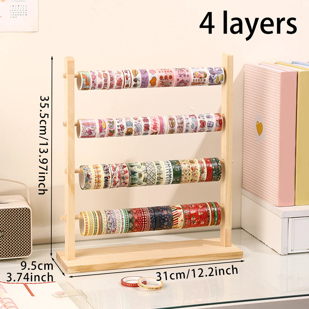 1pc wooden tape roll storage rack 3/4 layers wooden countertop ribbon organizer multifunctional office storage rack for home use Oasis Select 4layers-Yellow