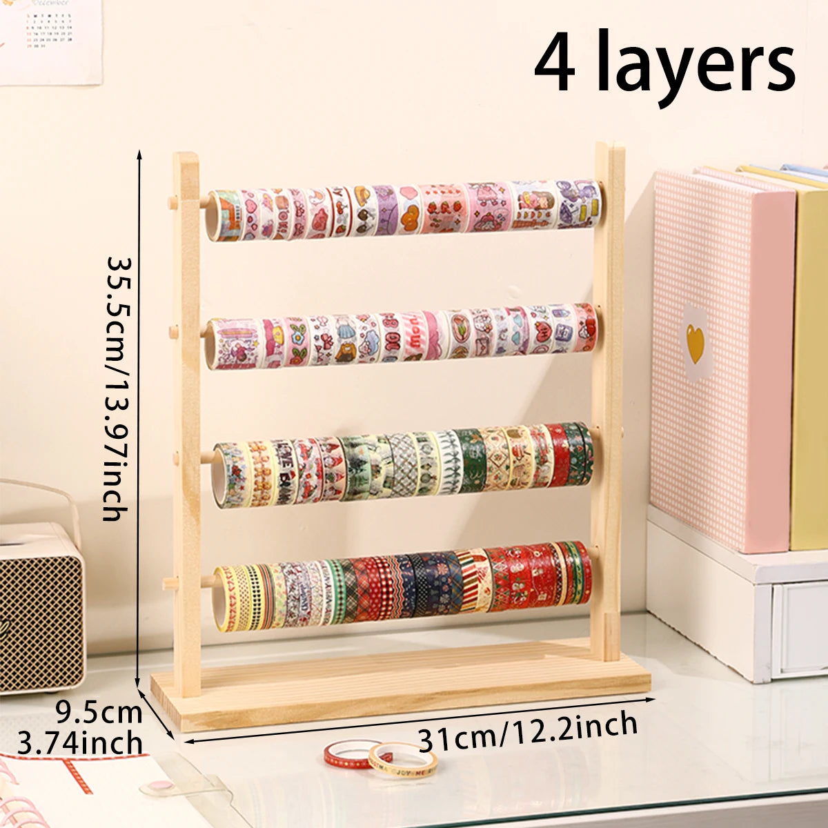 1pc wooden tape roll storage rack 3/4 layers wooden countertop ribbon organizer multifunctional office storage rack for home use Oasis Select 4layers-Yellow