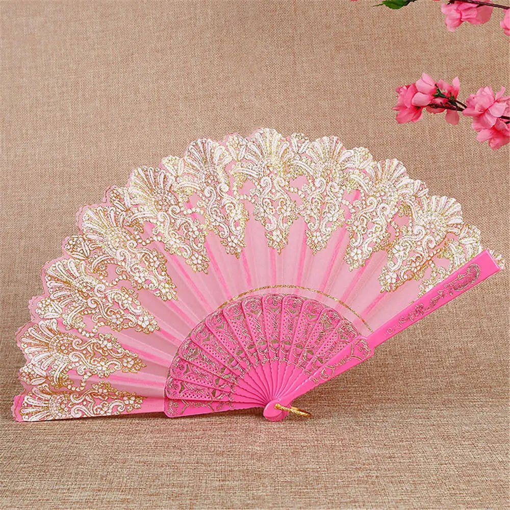 Chinese Style Folding Dance Fans Wedding Party Lace Silk Hand Held Flower Fan Vintage Lace Hand Held Fan Women Girl Photo Prop Oasis Select Pink