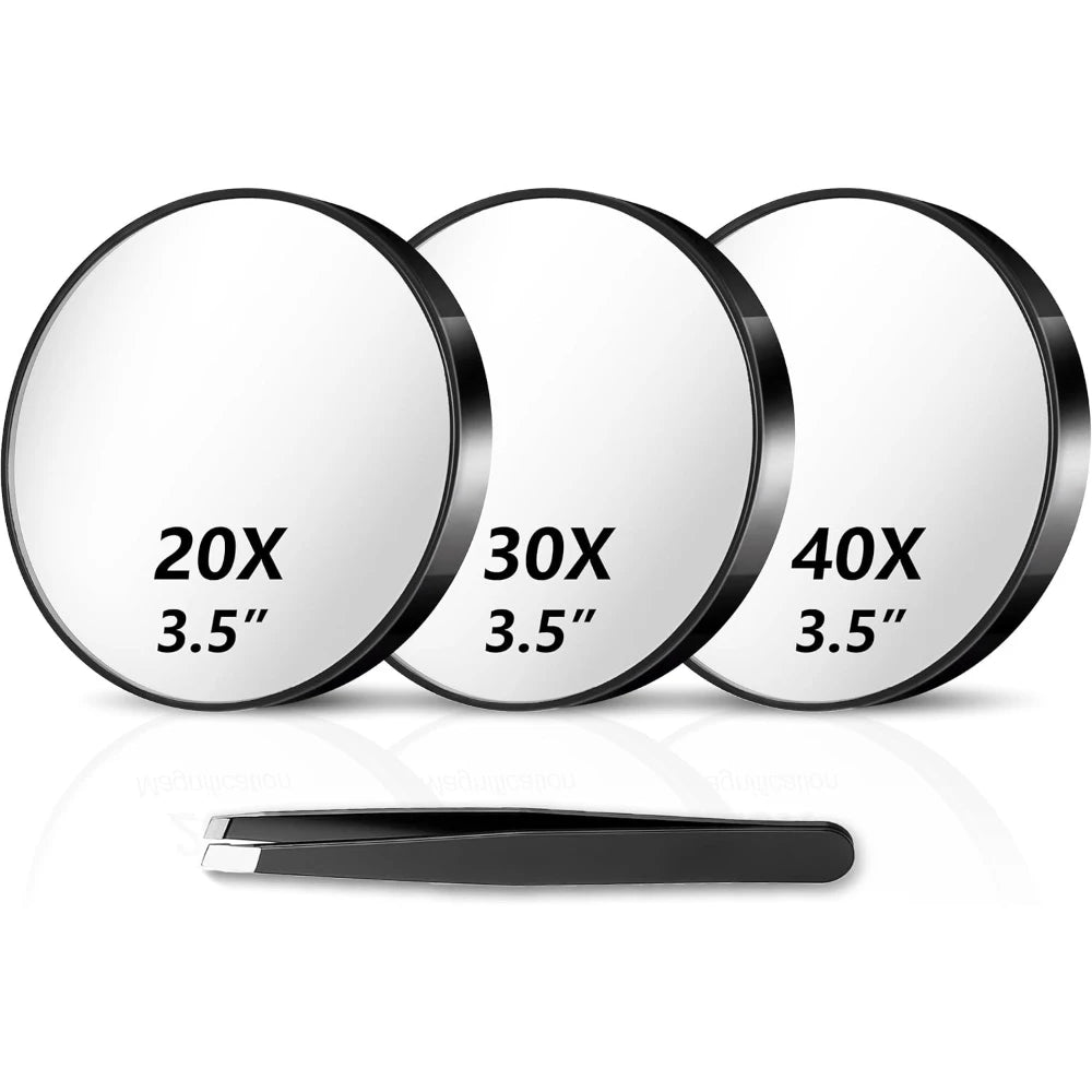 Magnifying Mirror Set (20X, 30X, 40X) 3.5" Compact Travel Mirrors with Tweezers & Suction Cups for Makeup, Brows & Ingrown Hair Oasis Select Combo 4PCS