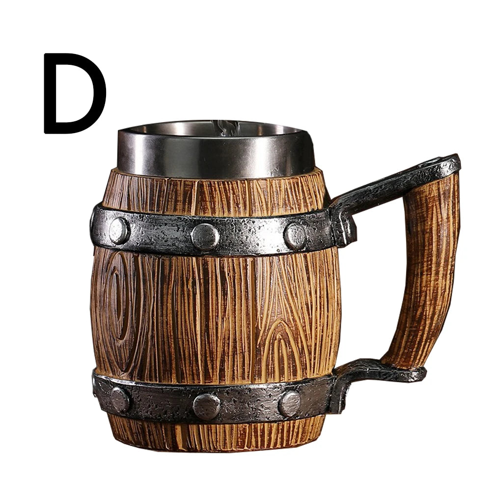Wooden Barrel Beer Cup Stainless Steel Coffee Mug Viking Style Vintage Beer Mug Double Wall Drinking Cup Halloween Bar Drinkware Oasis Select D 600ml