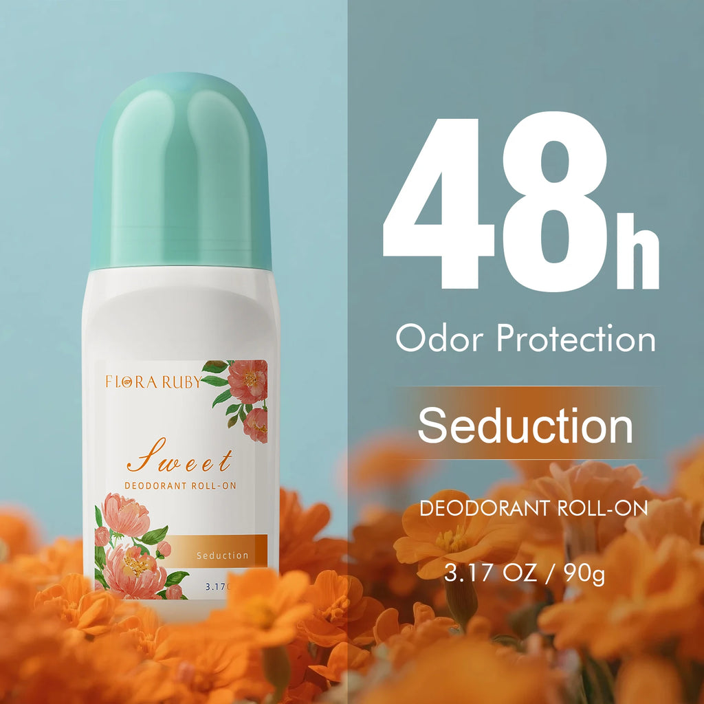 Flora Ruby Aluminum Free Deodorant Roll On 48h Odor Protection Stick, 4.3 OZ Each, Fade off Odors, Underarm Deodorizer Oasis Select Seduction