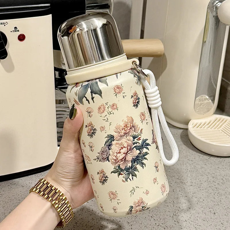 Cute Floral Insulated Stainless Steel Water Bottle with Lid - Leak-Proof, Portable Cup for Outdoor Travel, Camping, Water Bottle Oasis Select white-peony 450ml