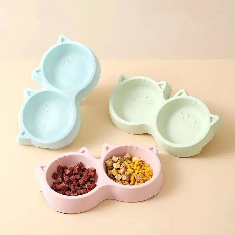 Cat Feeder Accessories Pet Supplies Pet Cat Double Bowl Material Cartoon Cat Face Shape Food Water Feeding Bowl Non-slip Puppy Oasis Select