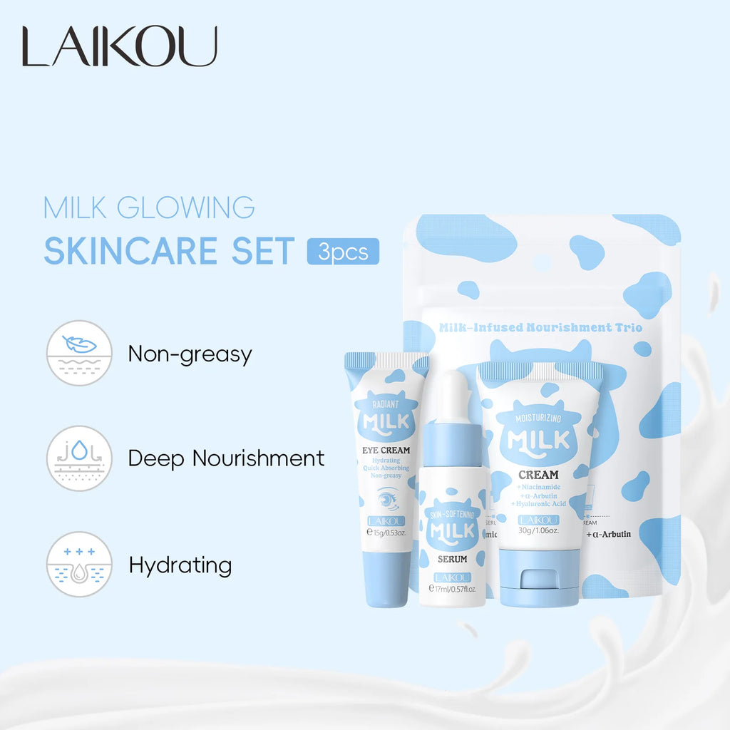 LAIKOU Milk 3pcs Travel Skin Care Set Niacinamide Hyaluronic Acid Serum Eye Cream Moisturizer Hydrating Brightening Glow Skin Oasis Select