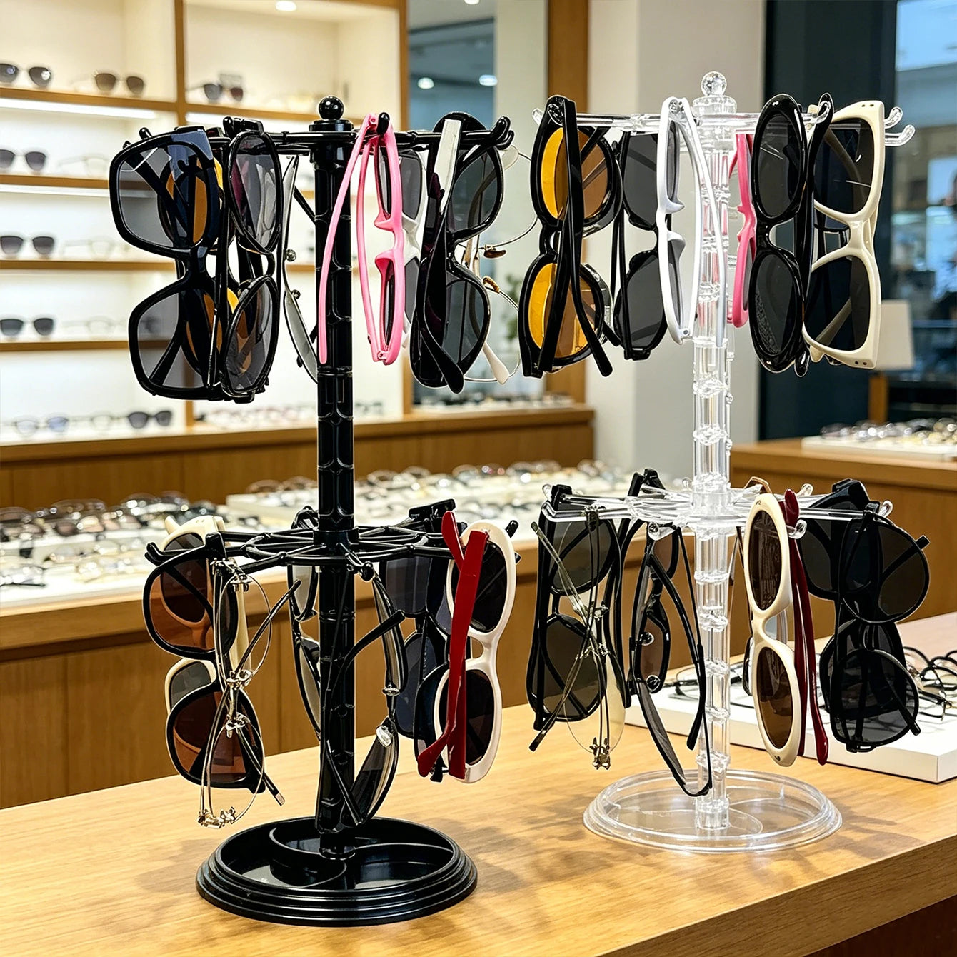 1pc adjustable black/transparent glasses display storage hanging bag two-layer height rotatable sunglasses countertop holder Oasis Select