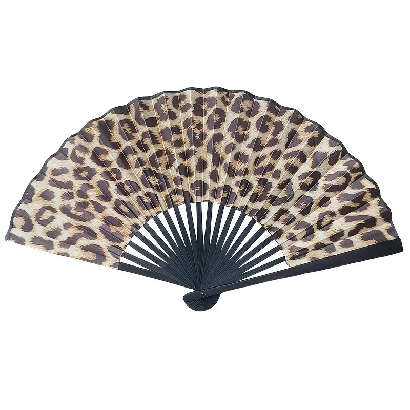 Elegant Leopard Print Folding Fan with Black Frame - Stylish Princess Theme, Lightweight & Portable for Women Oasis Select as pic