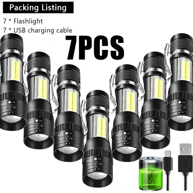 USB Mini Rechargeable Flashlight COB+XPE LED Zoomable Torch Built-in Battery 3 Lighting Modes Outdoor Camping Emergency Lantern Oasis Select 7pcs