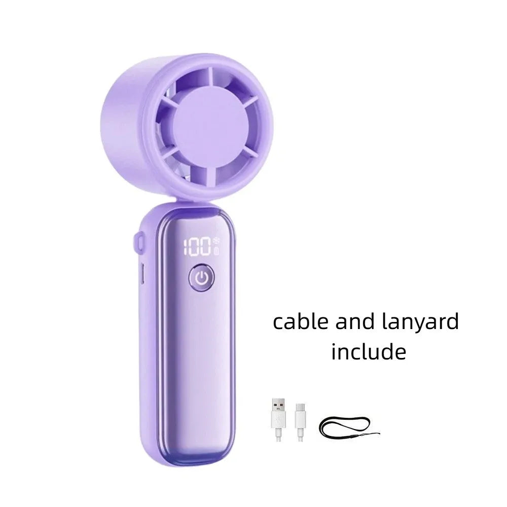 USB Rechargeable Mini Handheld Fan Ultra-Quiet Semiconductor Cooling Small Electric Fan Digital Display Powerful Wind Oasis Select Purple