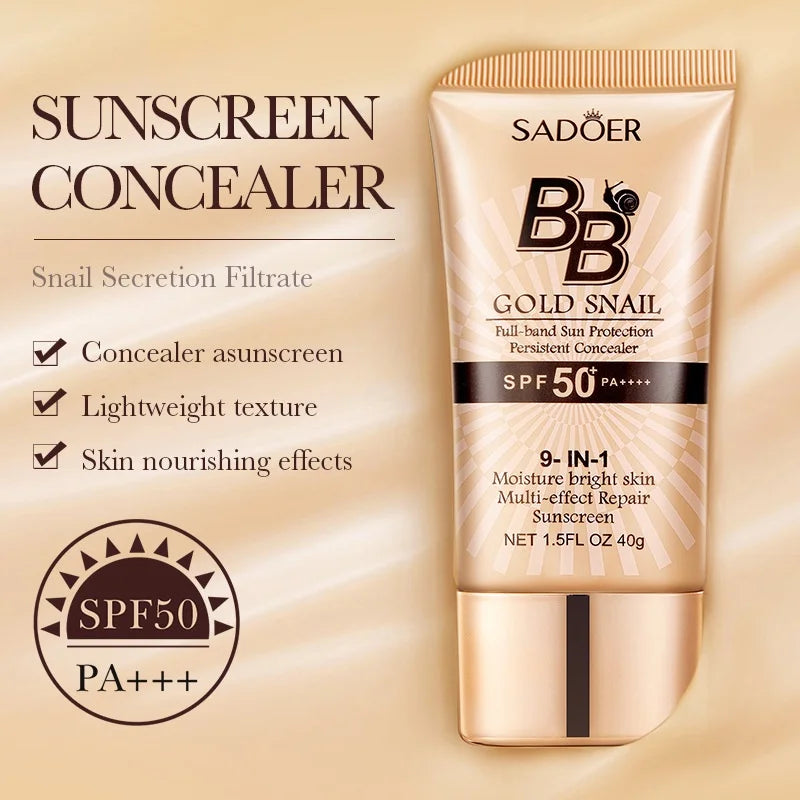 SADOER Gold Snail Sunscreen BB Cream Foundation Concealer Moisturizing Isolation Cream SPF50+PA+++ 40g Oasis Select