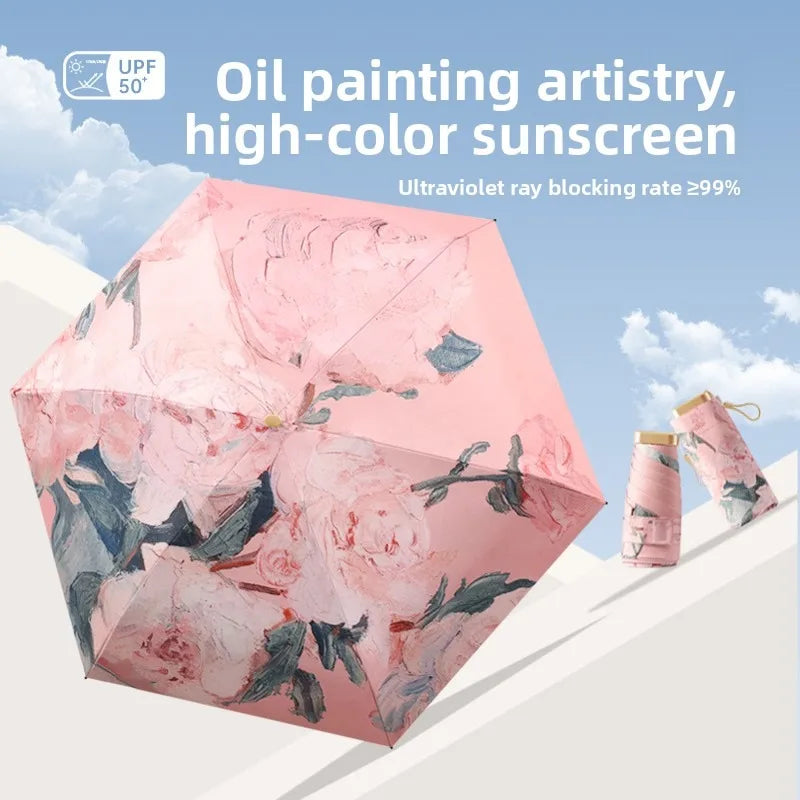 Ultra Slim 5-Fold Oil Painting Umbrella Chinese Style Portable Black Glue UV Protection Sun & Rain Dual Use Manual Parasol Oasis Select