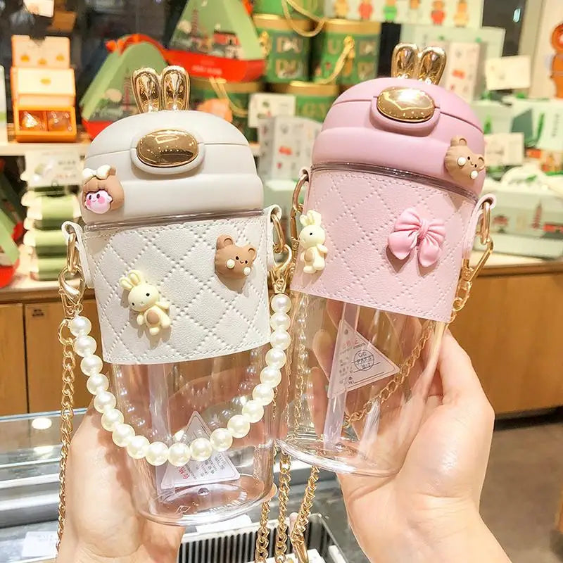 1 PCS Cute Bunny Ear Clear Large Capacity Water Bottle Pearl Strap Cartoon Decors For Girls Daily Use Oasis Select