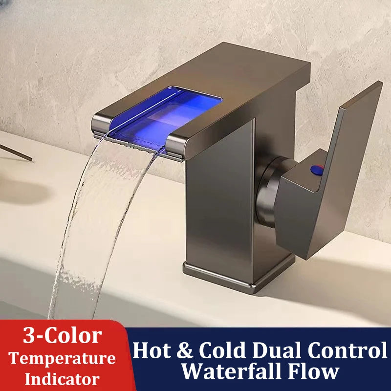 3-Color LED Waterfall Bathroom Faucet | Hot & Cold Brass Tap