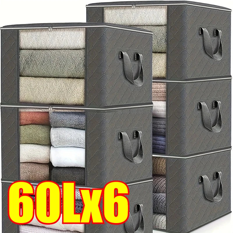 Blanket Storage Closet Organizers and Storages Clothes Storage Bag Foldable Storages Bin Sturdy Sewn By 3 Layers Fabrics Oasis Select 6PCS-60L