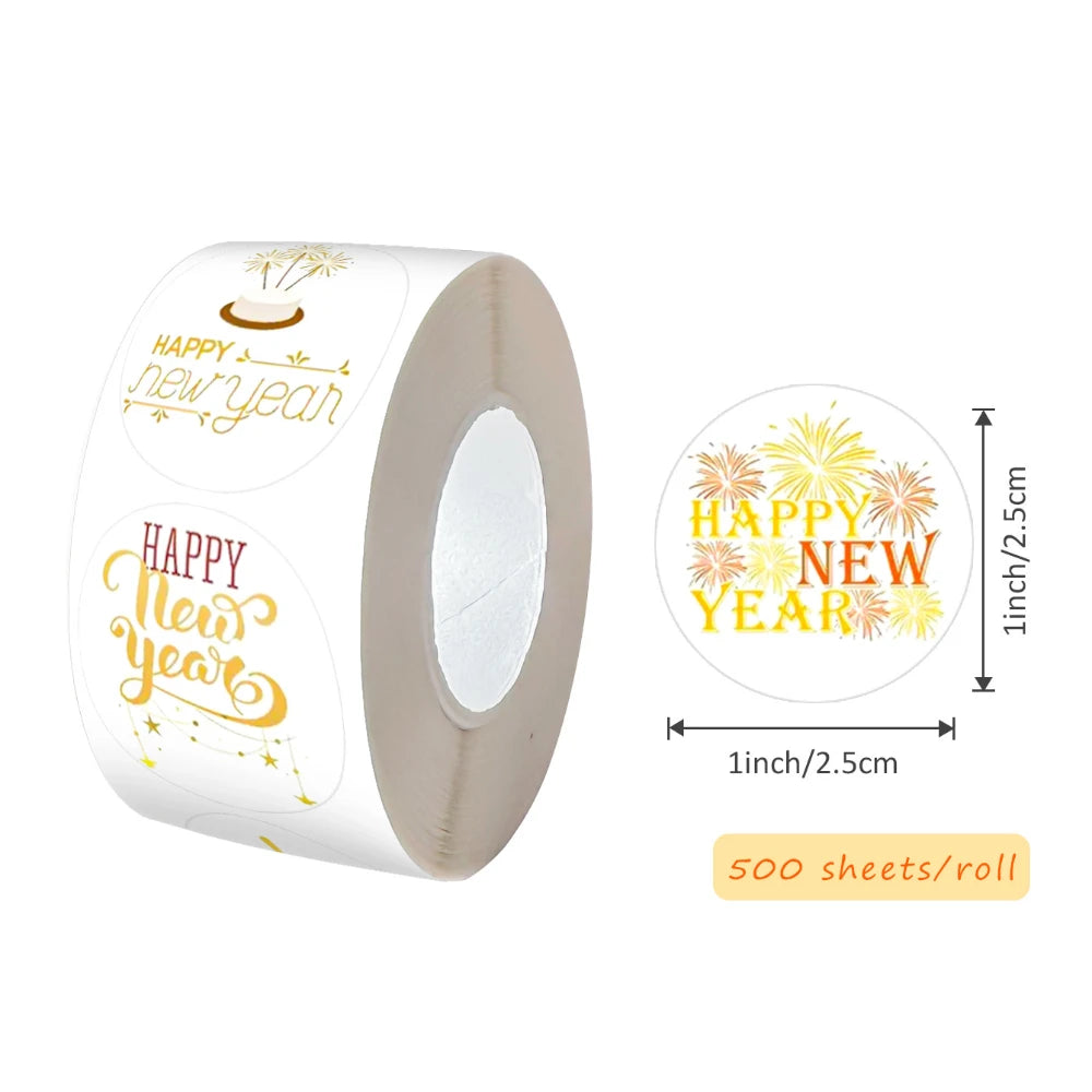 500pcs Gold Foil Happy New Year Stickers – Gift & Cake Packaging