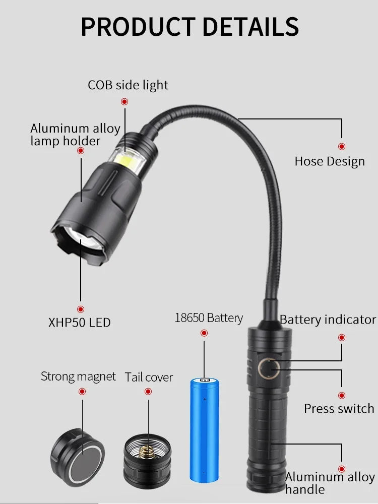 USB Rechargeable XHP50 LED Flashlight Flexible Pickup Tool Lamp with Magnet Zoomable Torch Multifunctional Foldable Flashlight Oasis Select