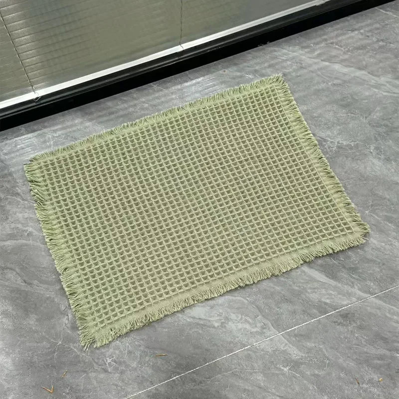 Linen Woven Doormat and Bath Mat with Waffle Design Quick Drying Super Absorbent with Jute Backing for Nordic Home Style Oasis Select bean green 43 61CM