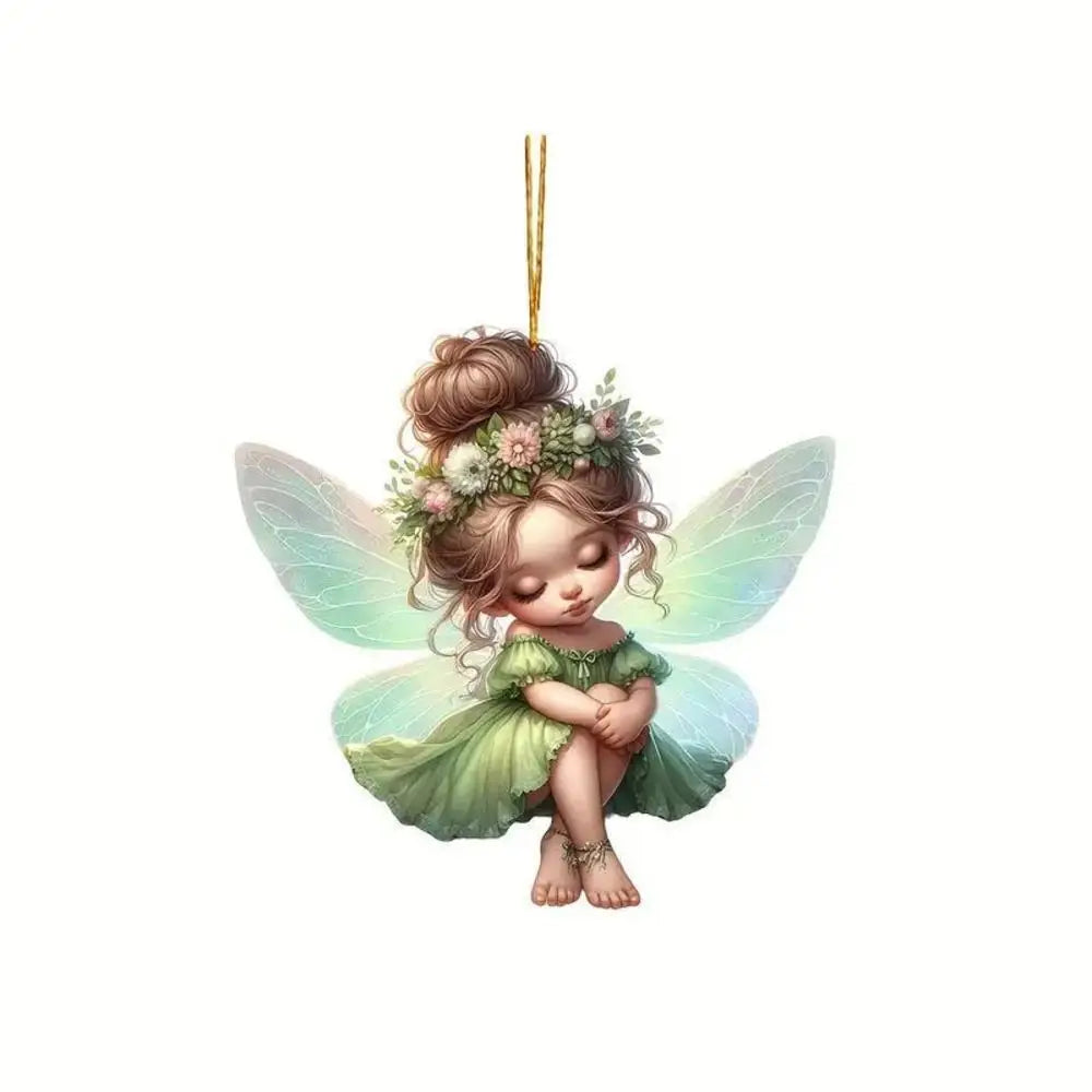 1pcs 2D Acrylic Green Elf Pendant Flower Fairy Charms Small Fresh Car Pendant Cartoon Cute Elf Car Rearview Mirror Decoration Oasis Select green-2